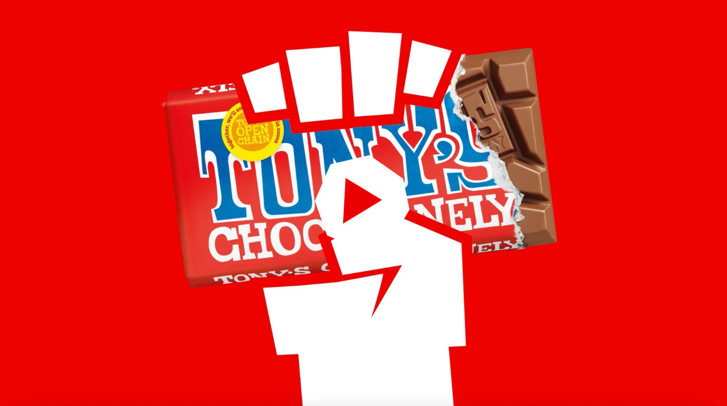 Tony's chocolate bar in a stylized fist